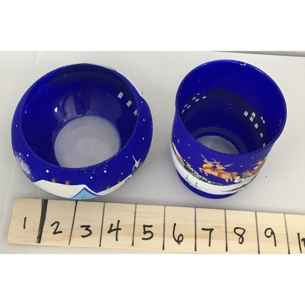 Votive Hand Painted Christmas Scenes Candle Holders Frosted‎ Cobalt Blue